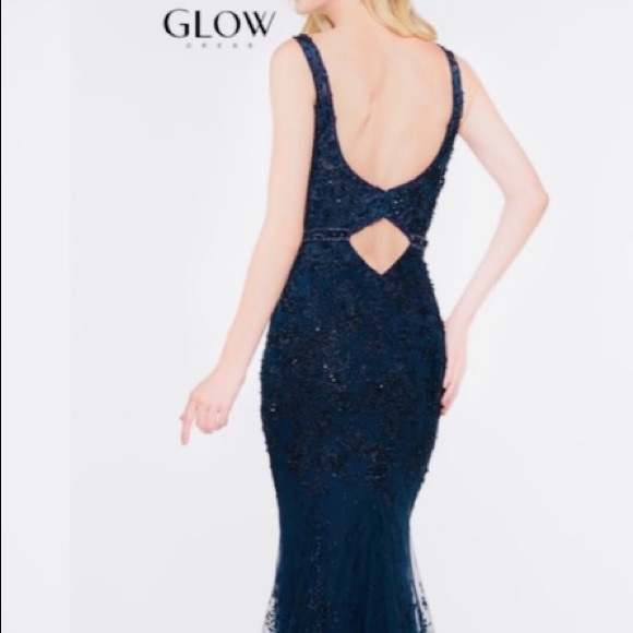 Glow dressy mesh key hole back long navy Gown - Picture 4 of 6